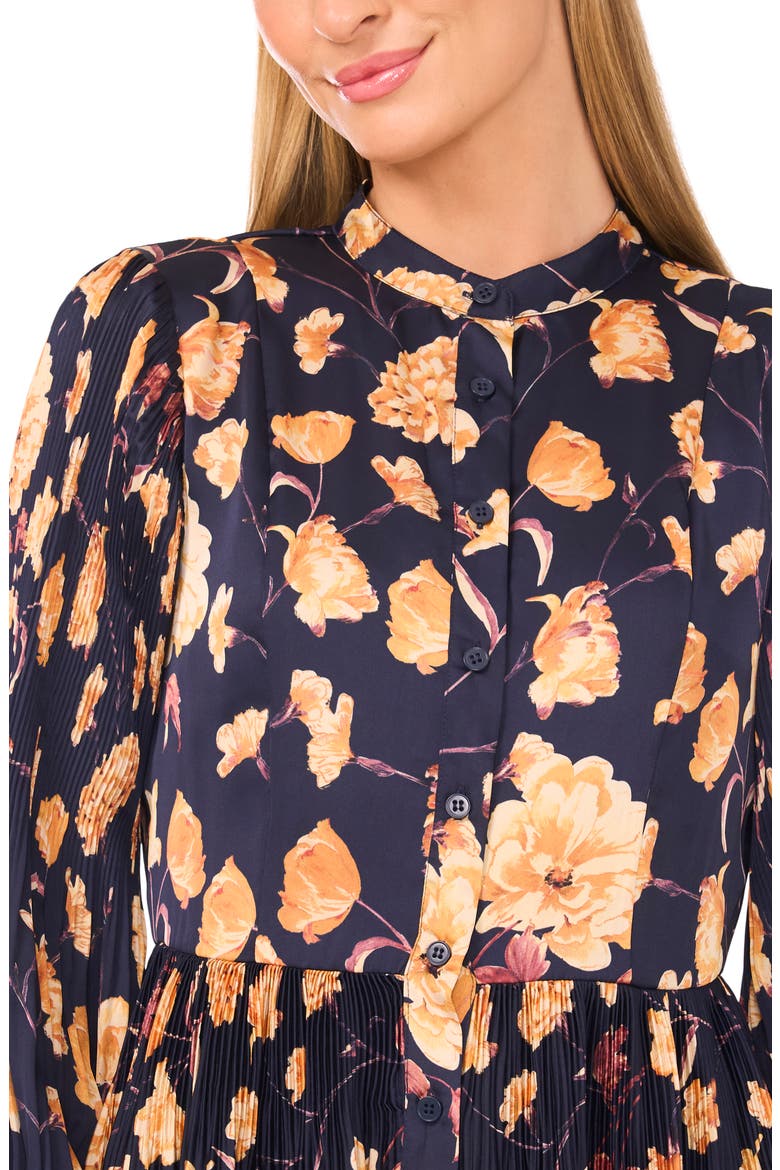Floral Print Pleated Shirtdress, Alternate, color, BARITONE BLUE