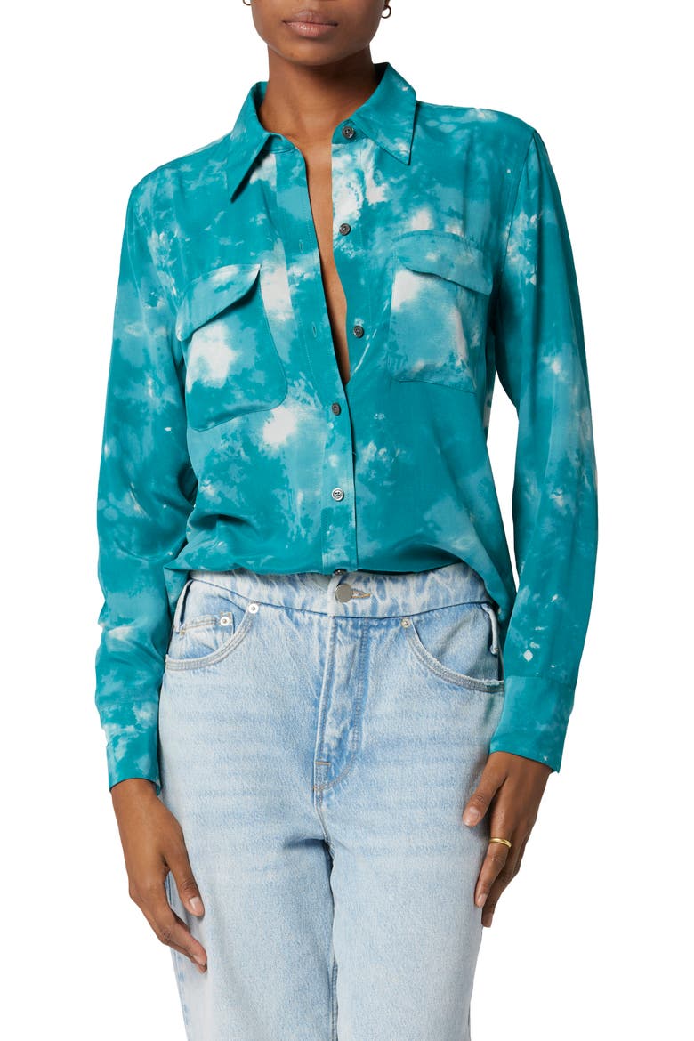 Signature Slim Fit Silk Button-Up Shirt, Main, color, SPRING TEAL AND METAL