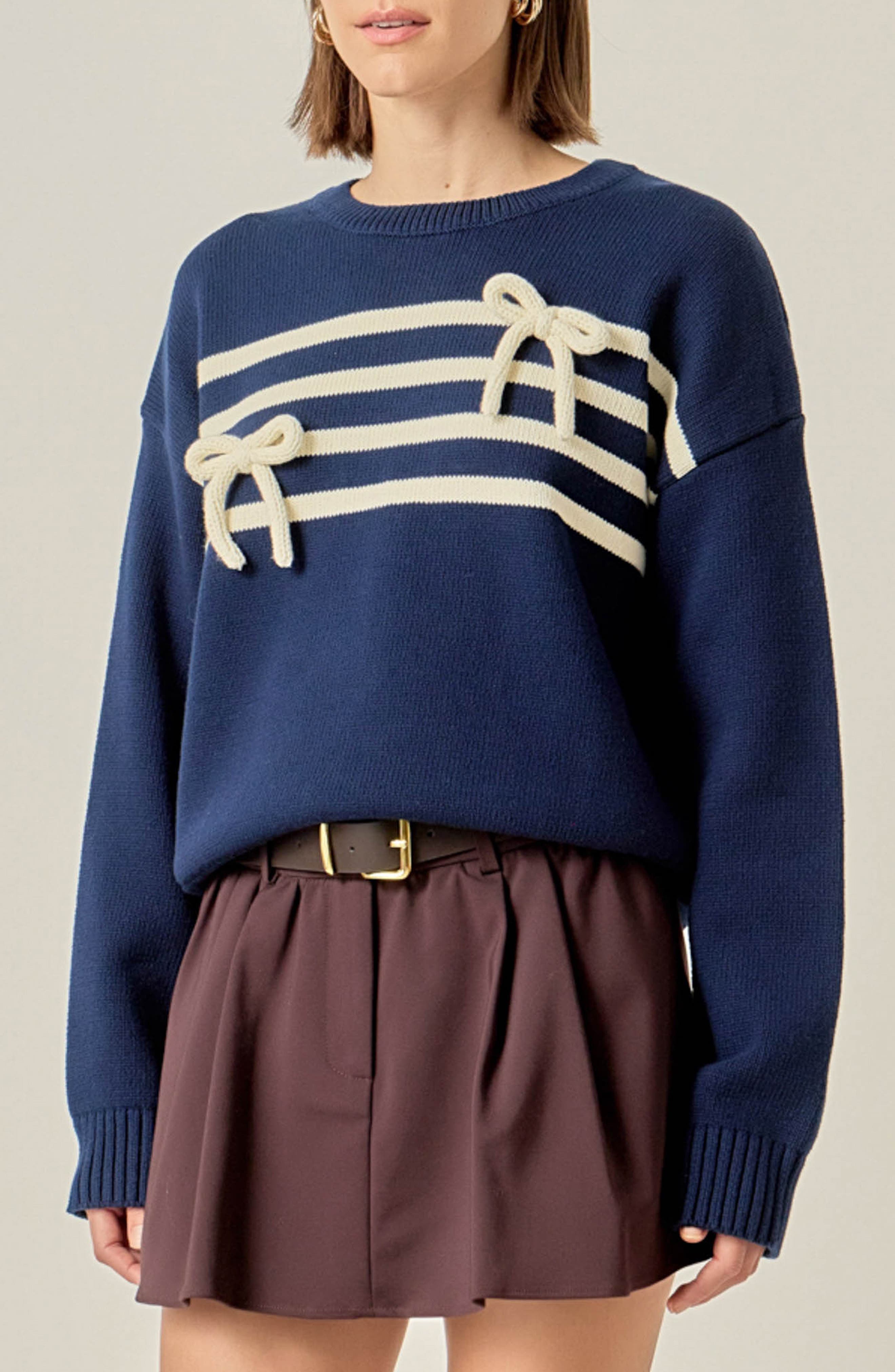 English Factory Bow Striped Cotton Rib Sweater (Women) | Nordstromrack