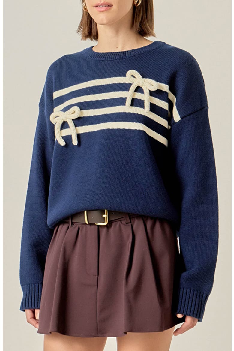 Bow Striped Cotton Rib Sweater, Alternate, color, NAVYOFFWHITE