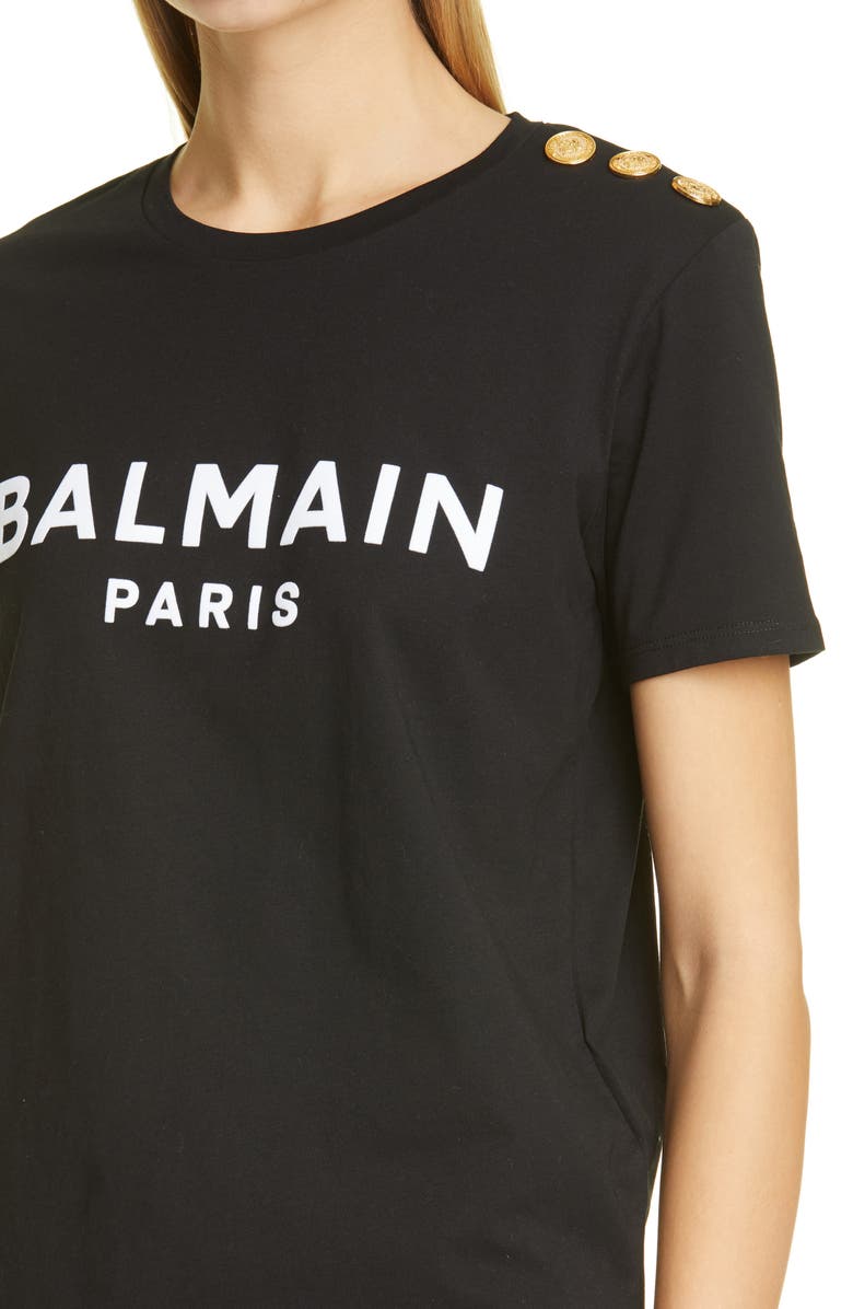 Balmain Button Shoulder Flocked Logo Graphic Tee, Alternate, color,