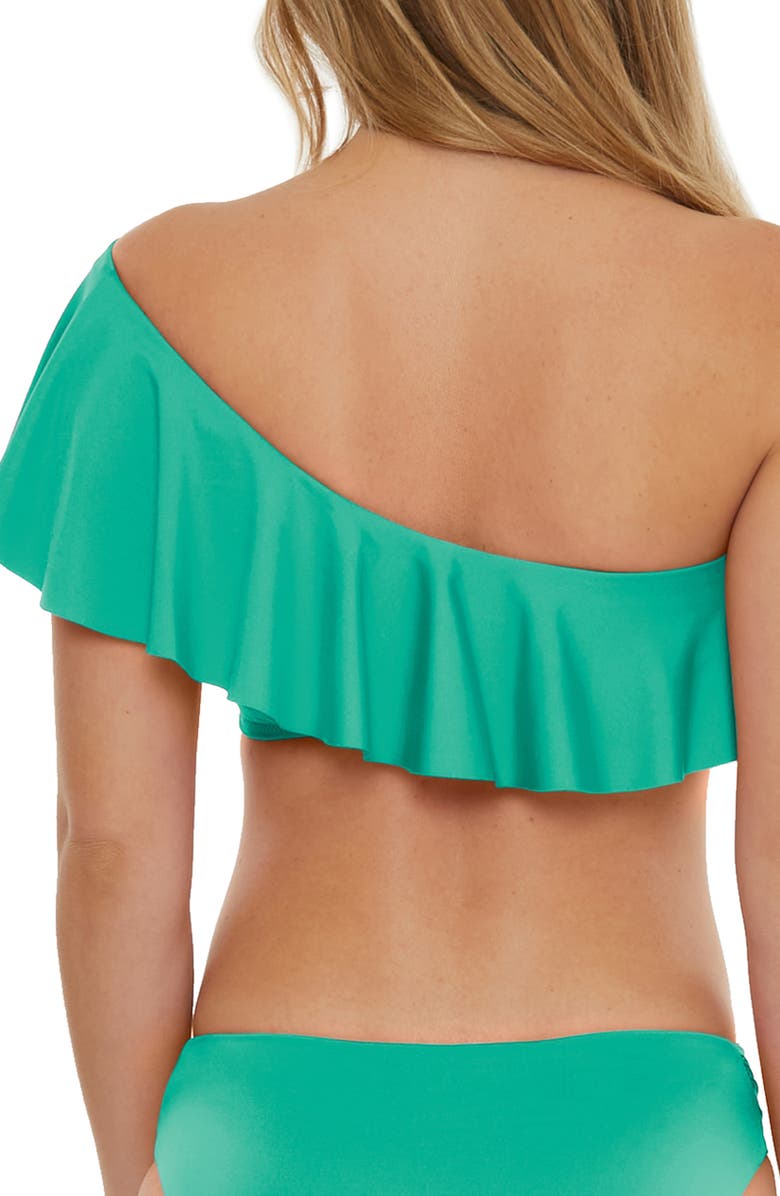 Trina Turk Monaco Ruffle One-Shoulder Bikini Top, Alternate, color, Guitar Green