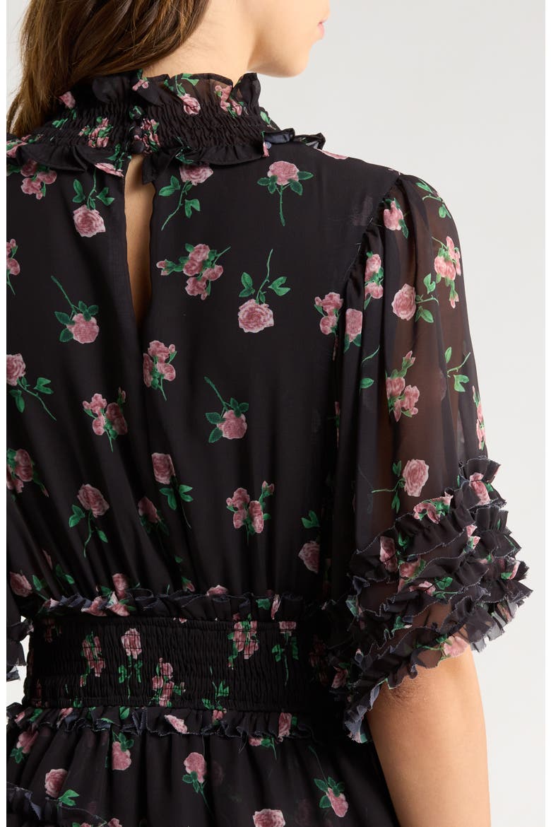 Rose Print Ruffle Maxi Dress, Alternate, color, BLACK