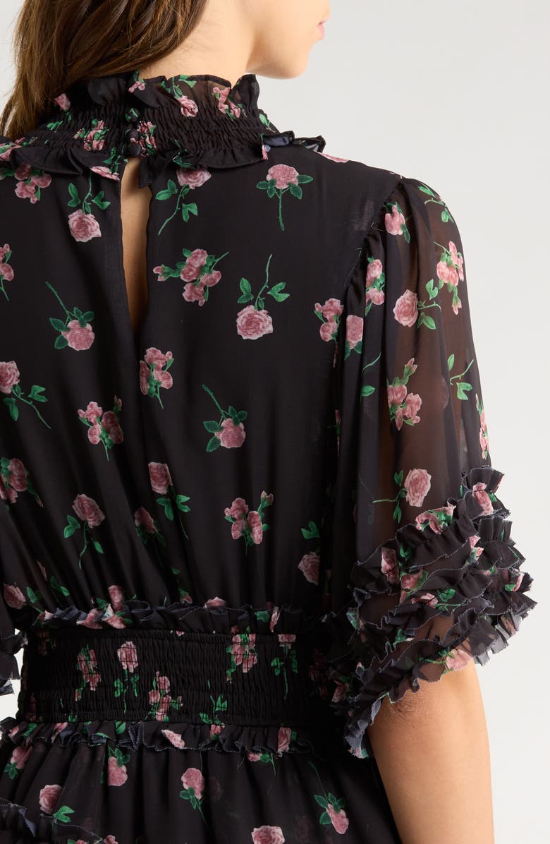 Sister Jane Rose Print Ruffle Maxi Dress, Alternate, color, Black