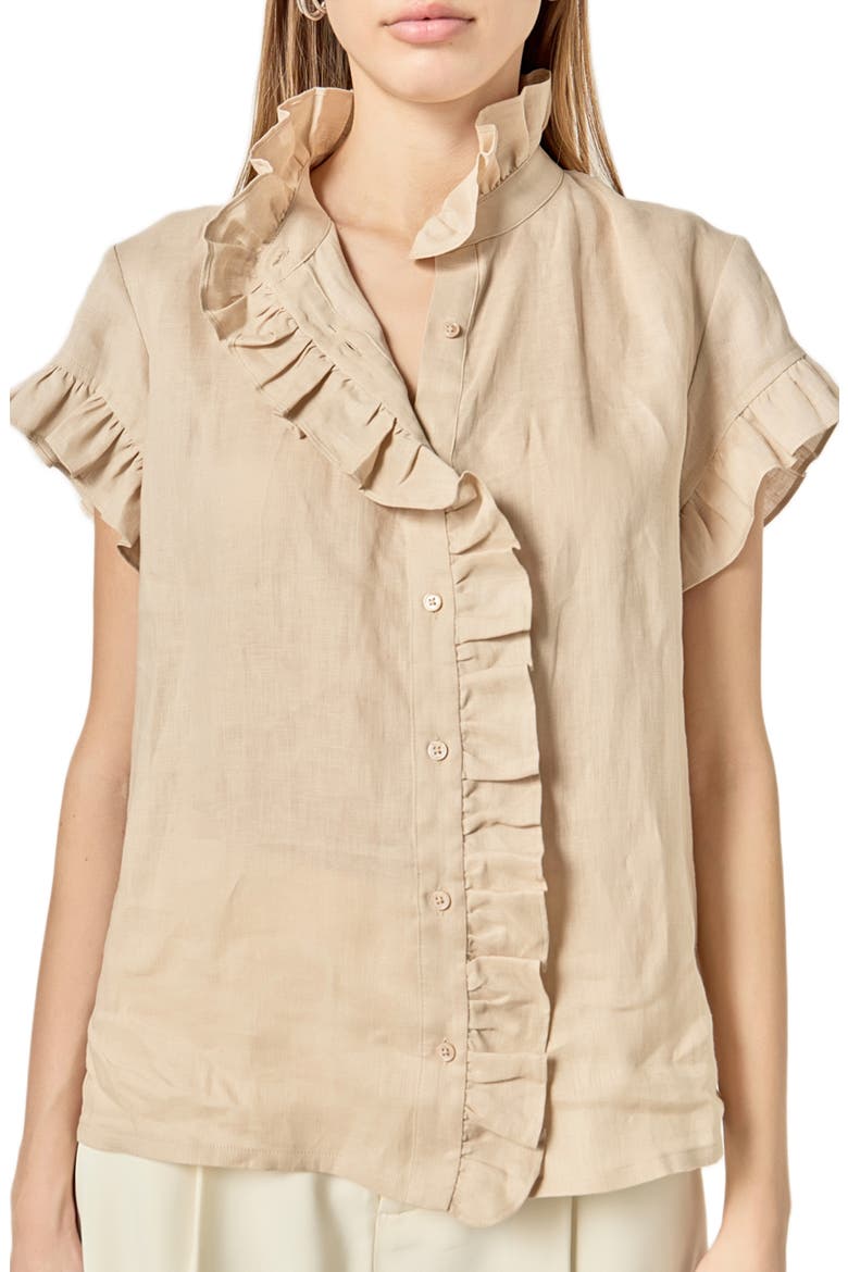 Ruffle Trim Linen Button-Up Shirt, Alternate, color, NATURAL