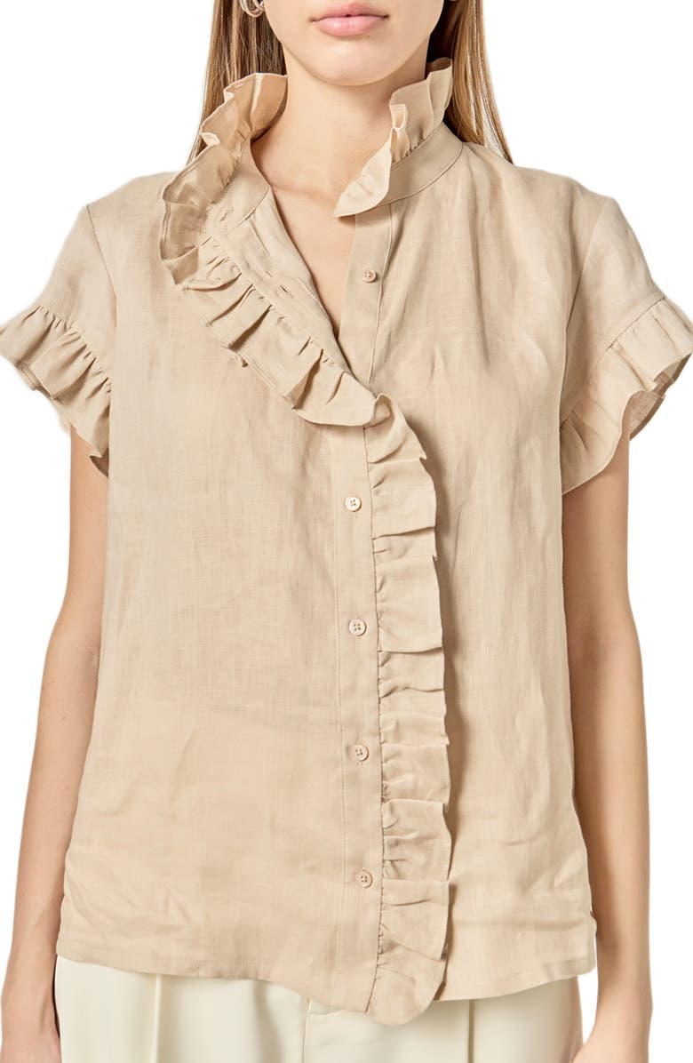 English Factory Ruffle Trim Linen Button-Up Shirt, Alternate, color, Natural