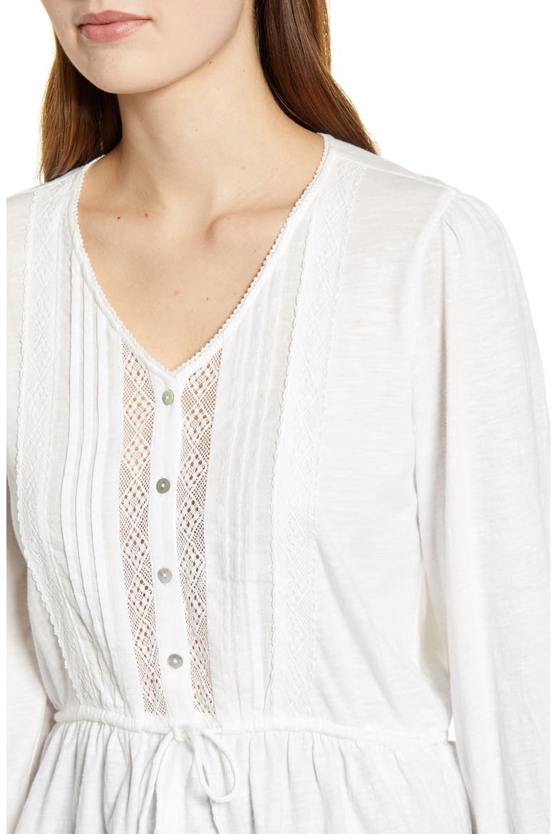 Lace Inset Tie Waist Cotton Blouse, Alternate, color, BRIGHT WHITE