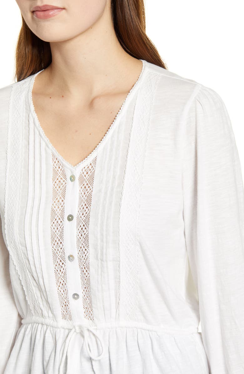 Lucky Brand Lace Inset Tie Waist Cotton Blouse, Alternate, color,