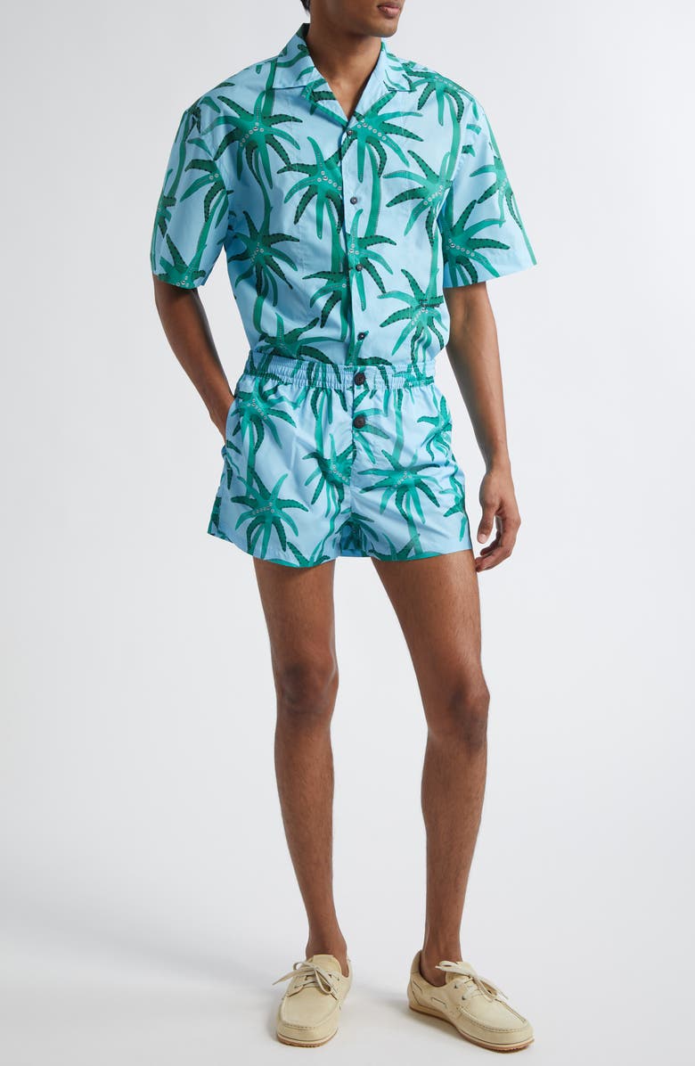 Jacquemus Le Maillot Puntini Cruise Print Swim Trunks, Alternate, color, Print Palmtrees Star Blue 3Ej