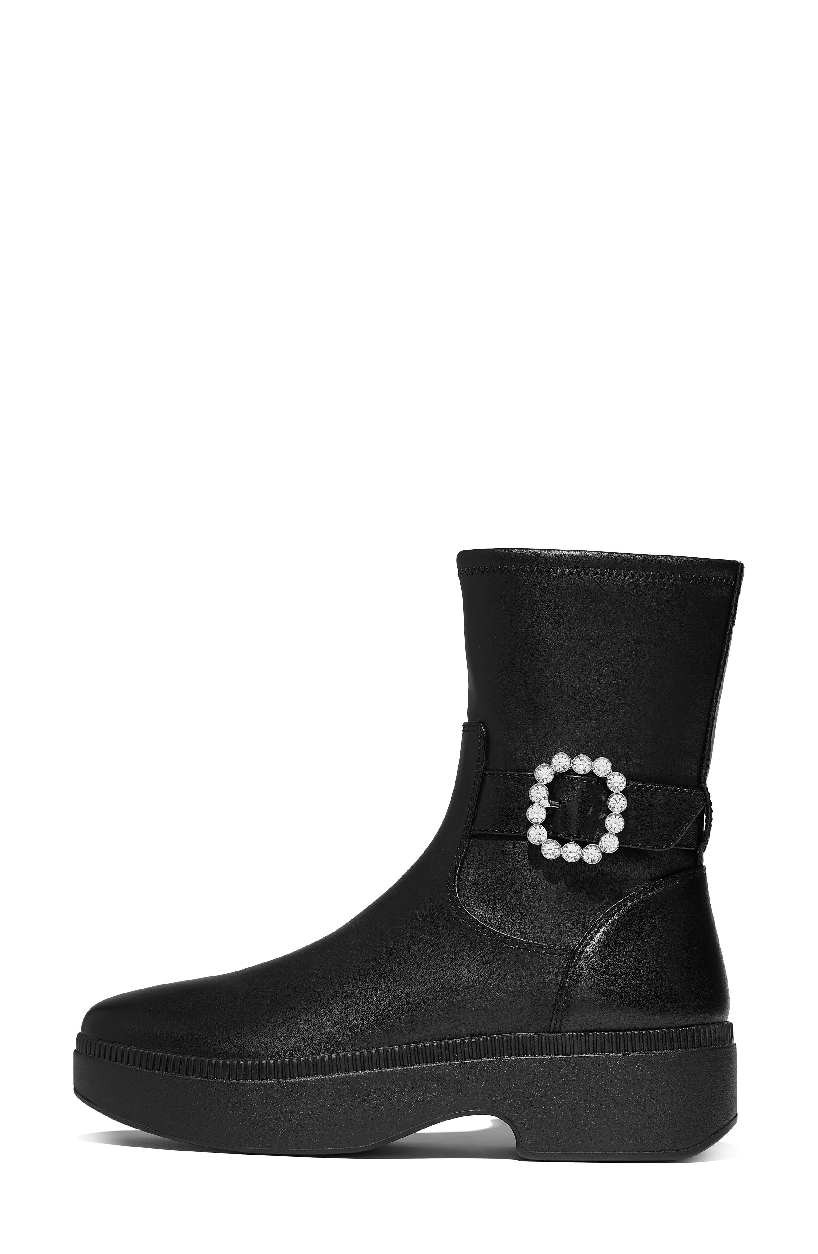 F-Luma Crystal Buckle Leather Bootie, Alternate, color, BLACK