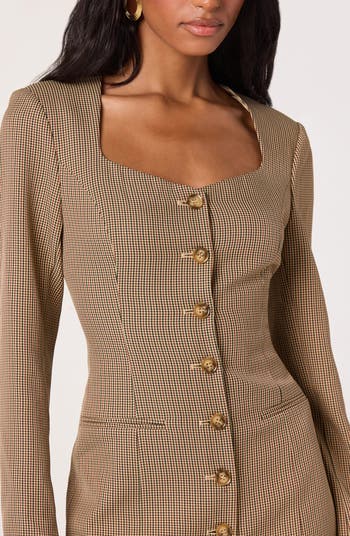 Houndstooth Long Sleeve Button-Up Minidress