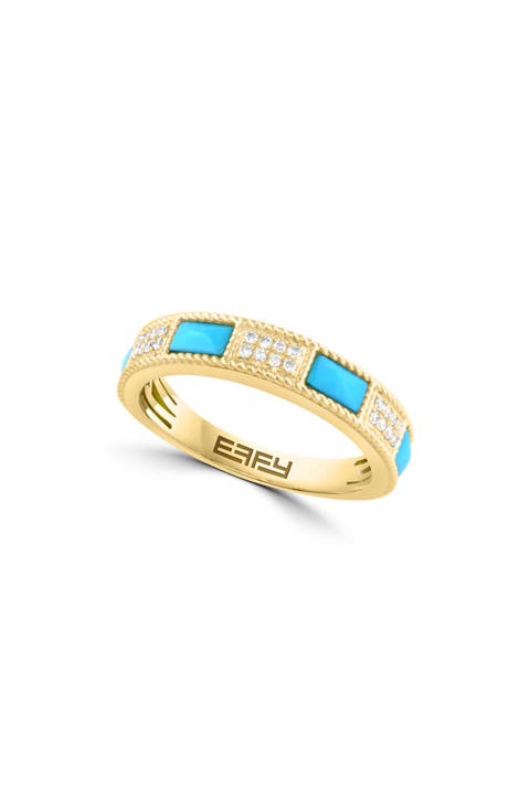 14K Yellow Gold Turquoise & Diamond Band Ring - 0.09ct.