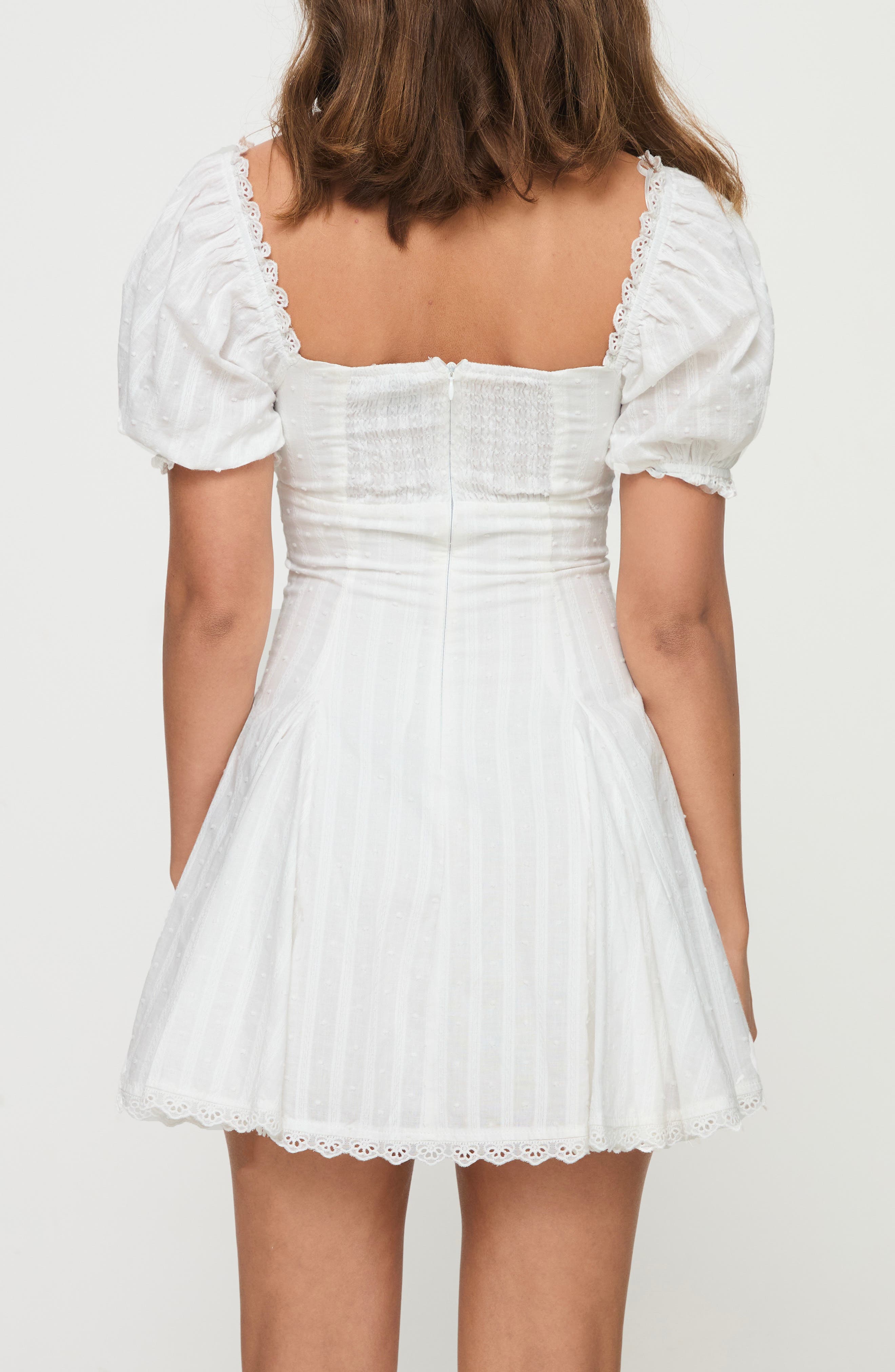 rabatia mini dress white Princess Polly Women's Rabatia Swiss Dot & Tonal Stripe Cotton Minidress - White