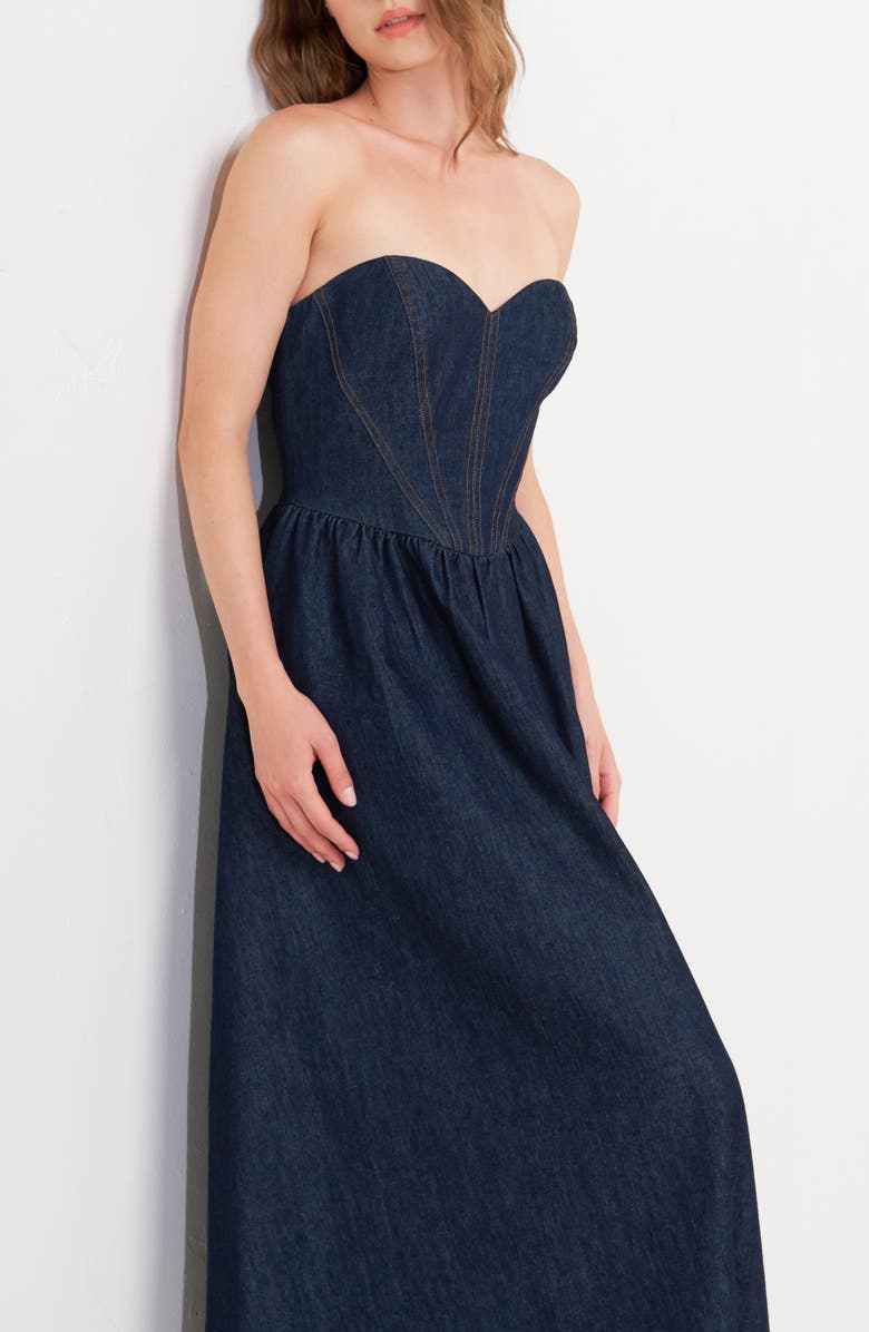 FREEMARKET Strapless Denim Midi Dress, Alternate, color, Denim