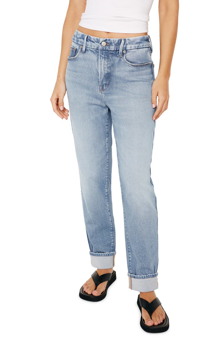 Good American High Waist Cuff Straight Leg Jeans, Main, color, Indigo510