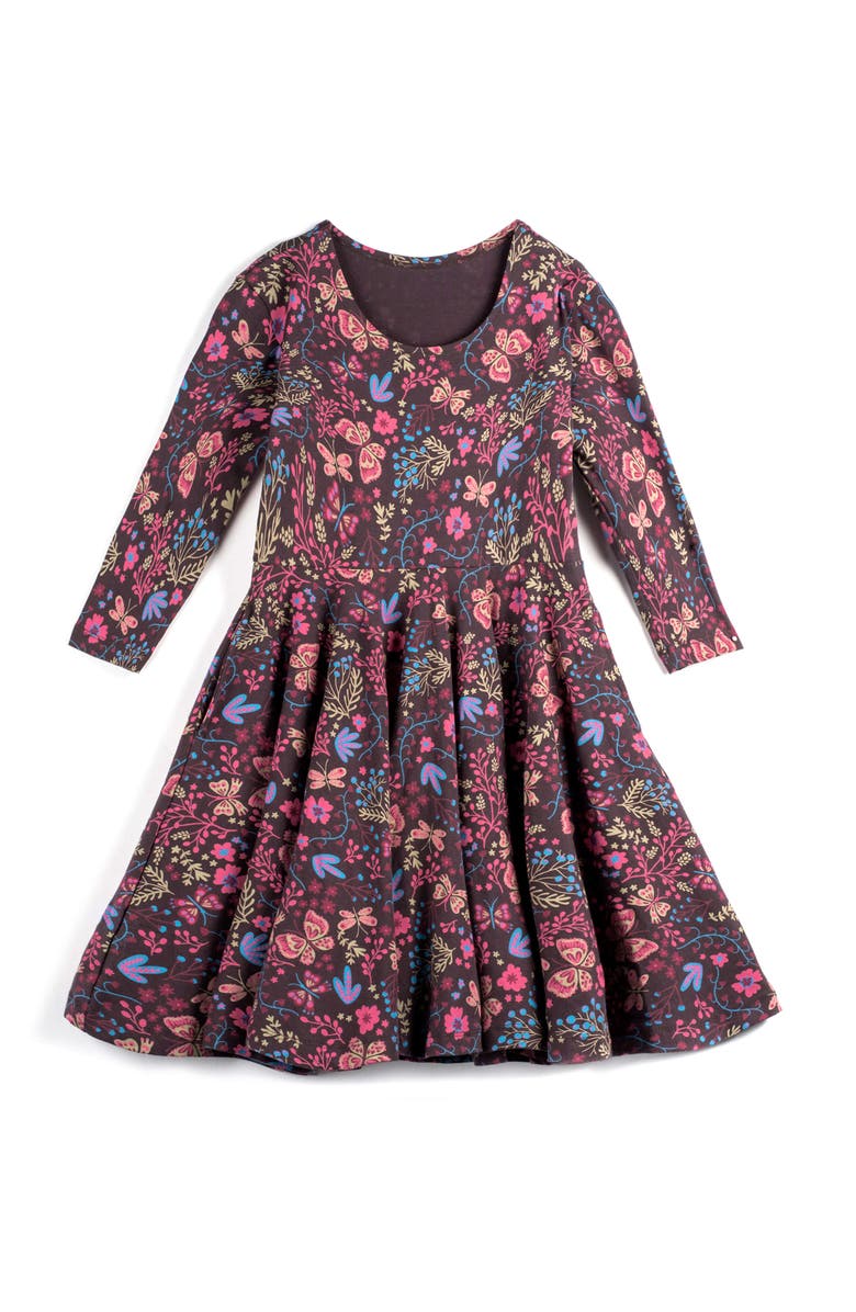 Mightly Organic Cotton 3/4 Sleeve Print Twirl Dress, Main, color, Flower Child