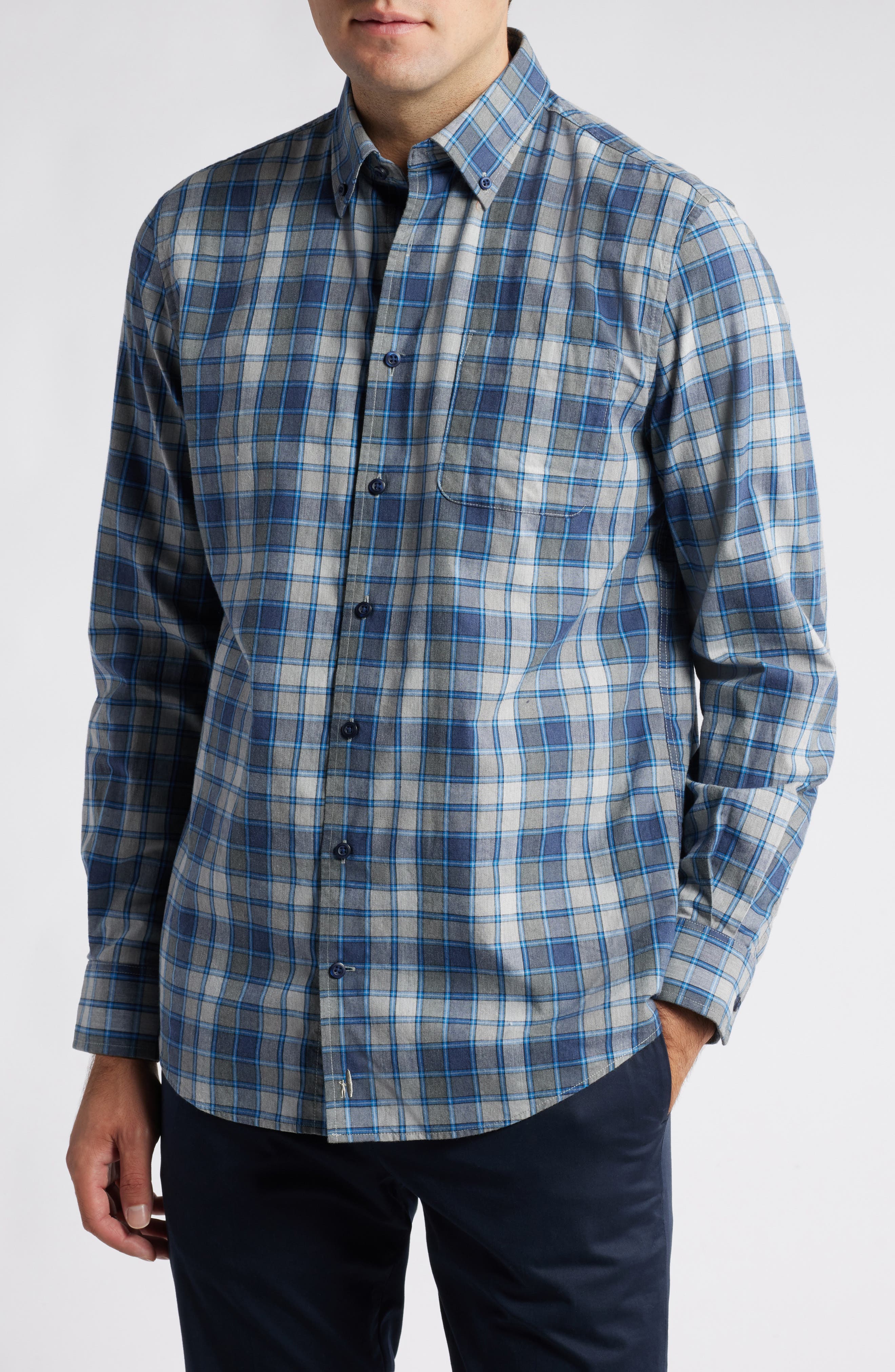 johnnie-O Benjamin Check Cotton & Lyocell Button-Down Shirt in Heather Gray 