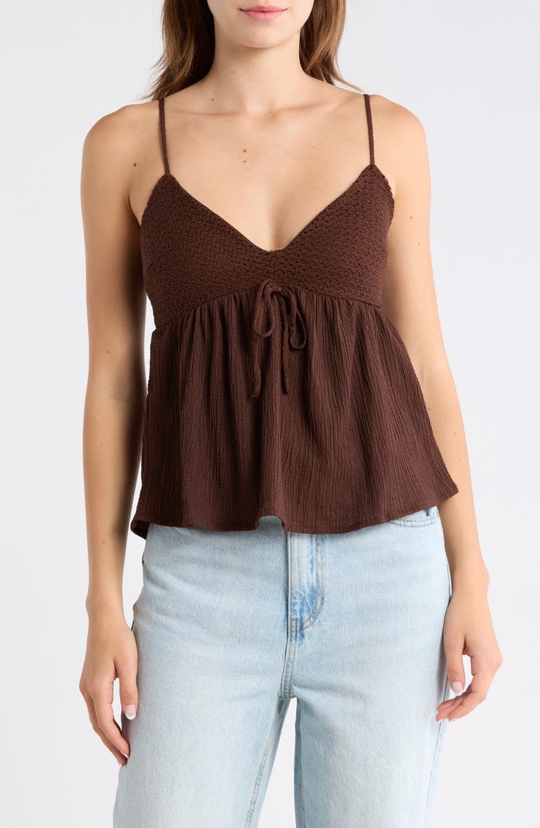 Madden Girl Crochet Trim Babydoll Tank, Main, color, Chocolate Brown