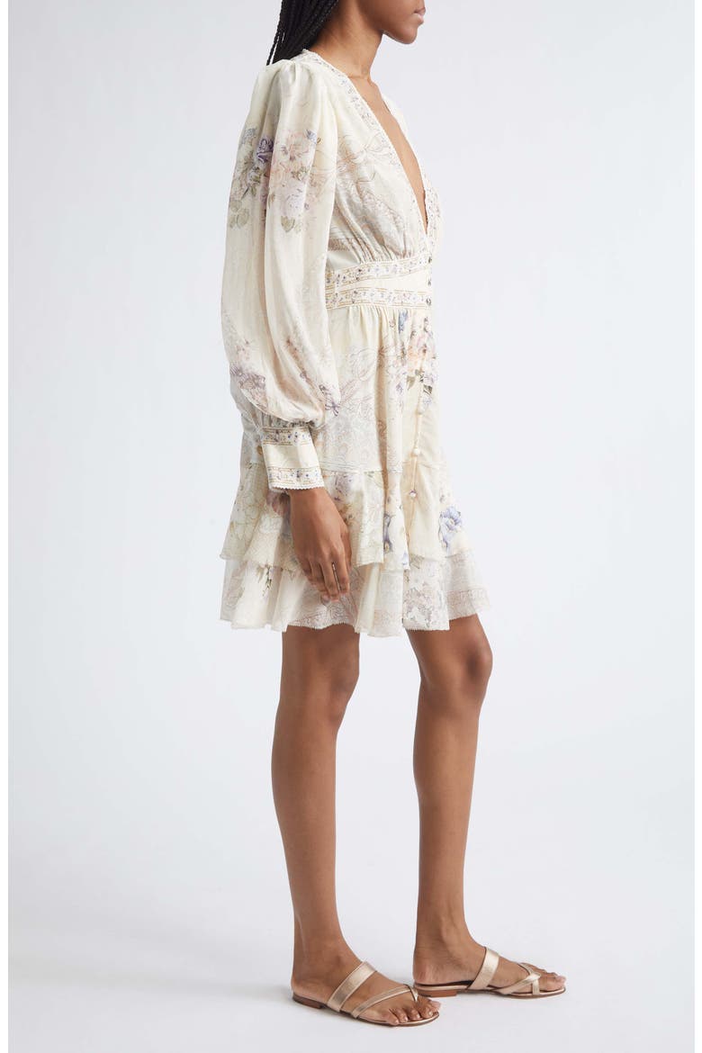 Print Long Sleeve Button Front Silk Frill Dress, Alternate, color, LACED WITH LOVE