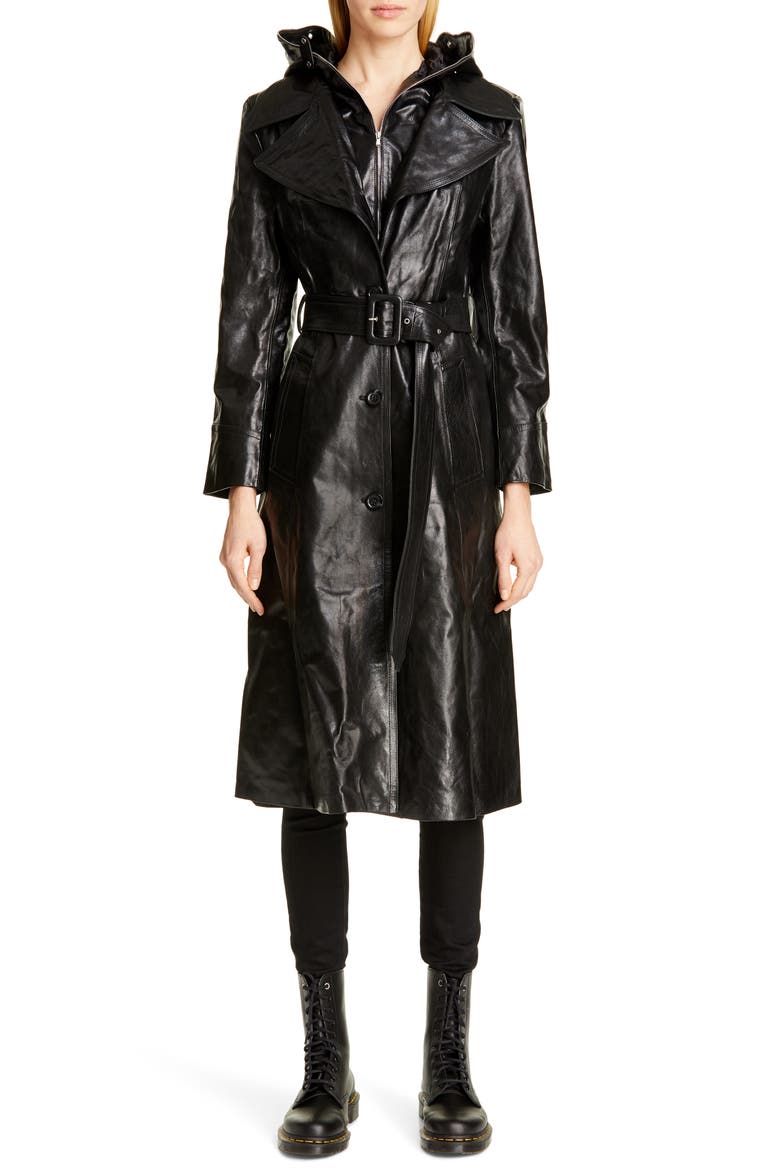 Mask Leather Trench Coat, Main, color, BLACK