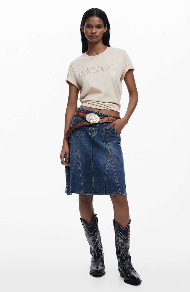 Desigual Embroidered A-Line Stretch Denim Skirt, Alternate, color, Medium Blue