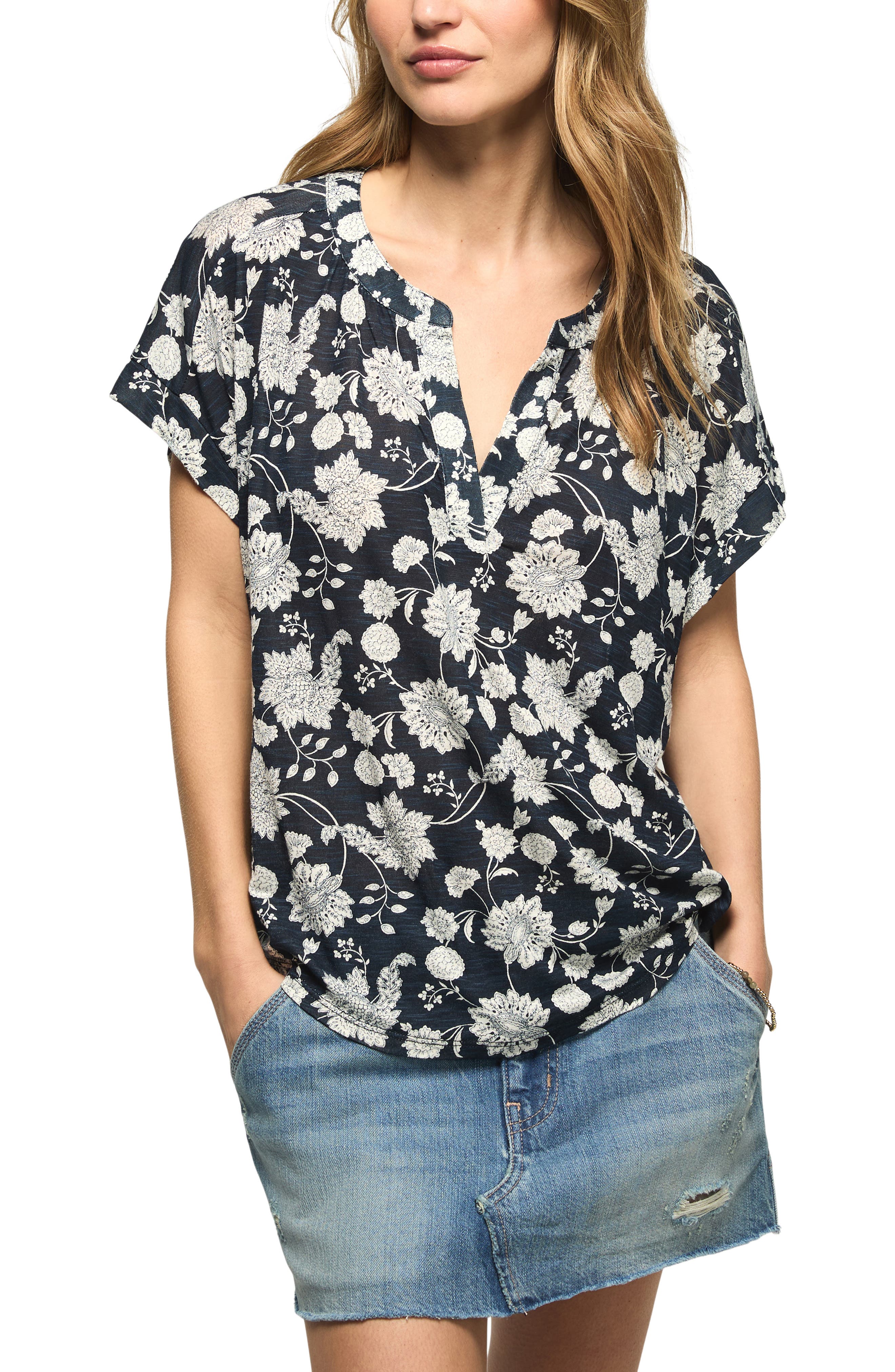 Lucky Brand Sandwash Notch Neck Floral Top