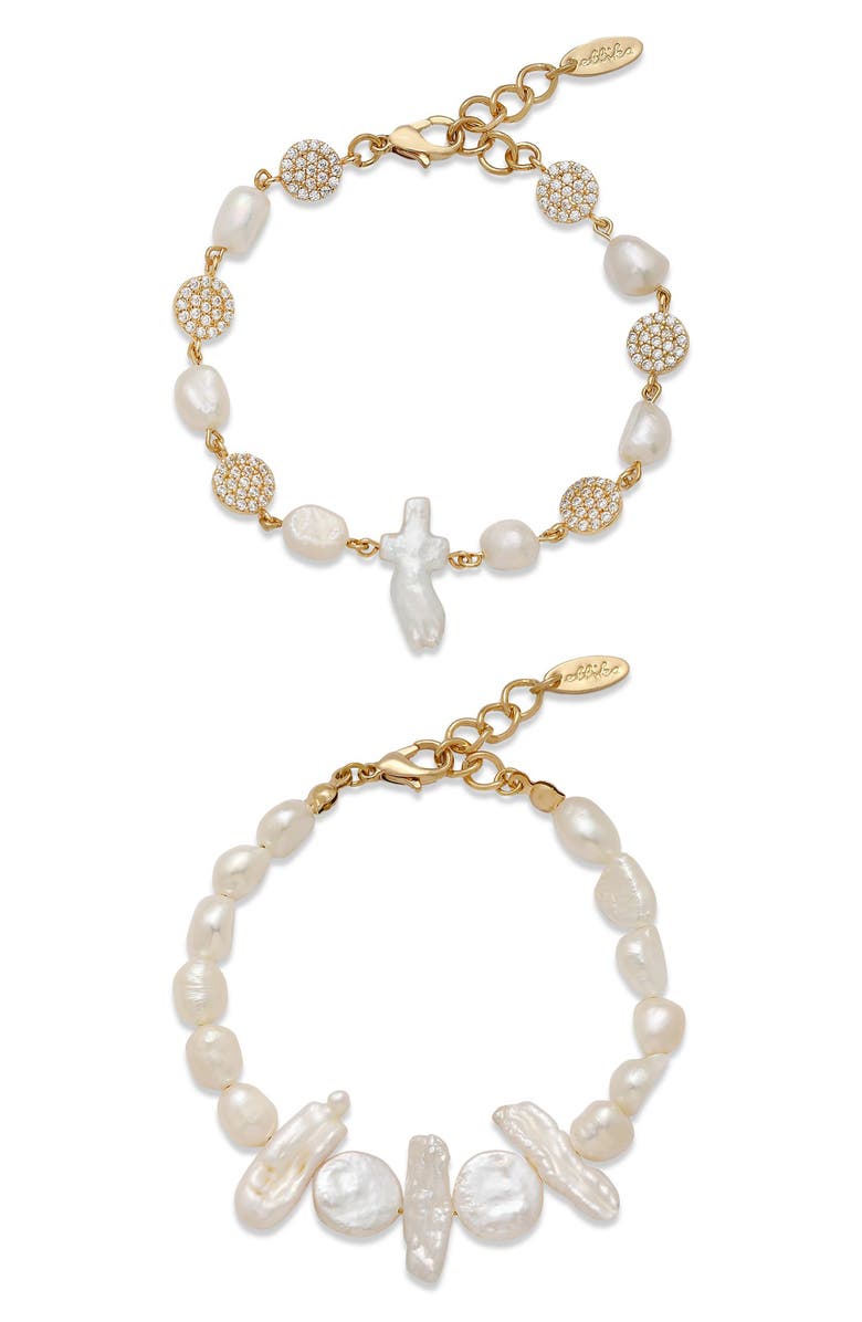 Ettika Freshwater Favorites Set of 2 Pearl Bracelets, Main, color, Gold