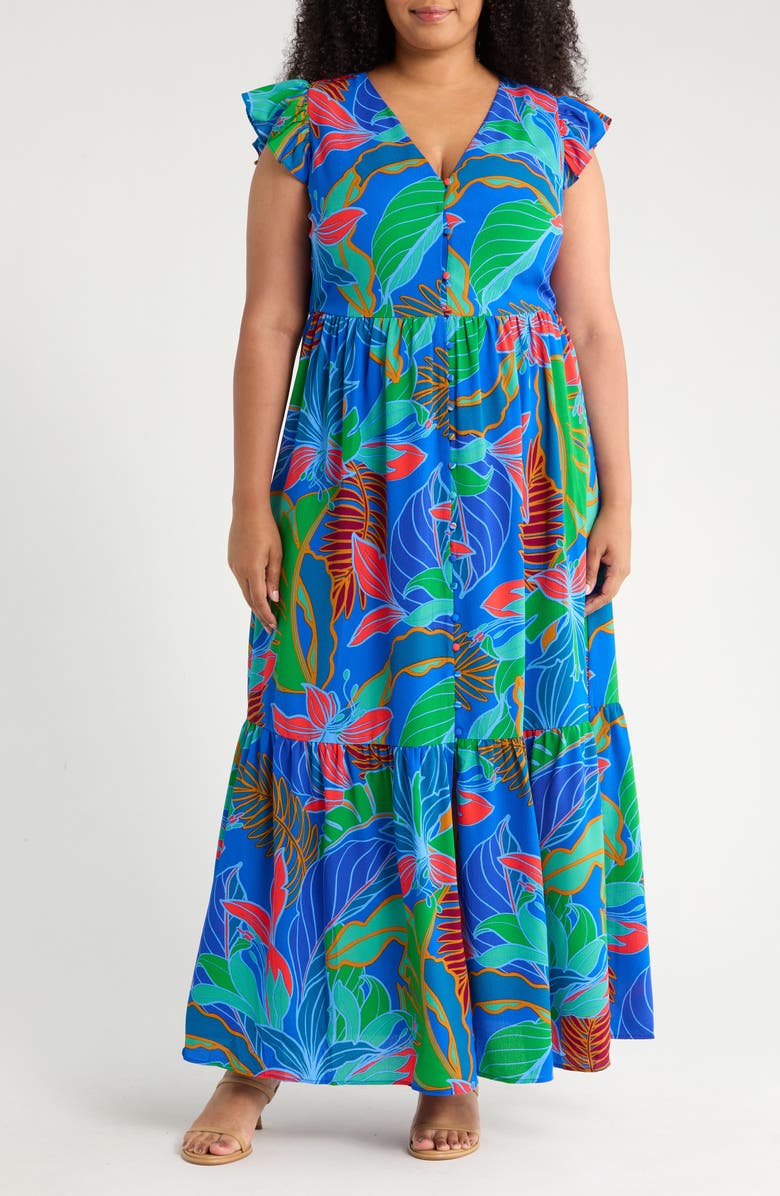 SUGARLIPS Malton Tropical Evianna Tiered Maxi Dress, Main, color, Blue