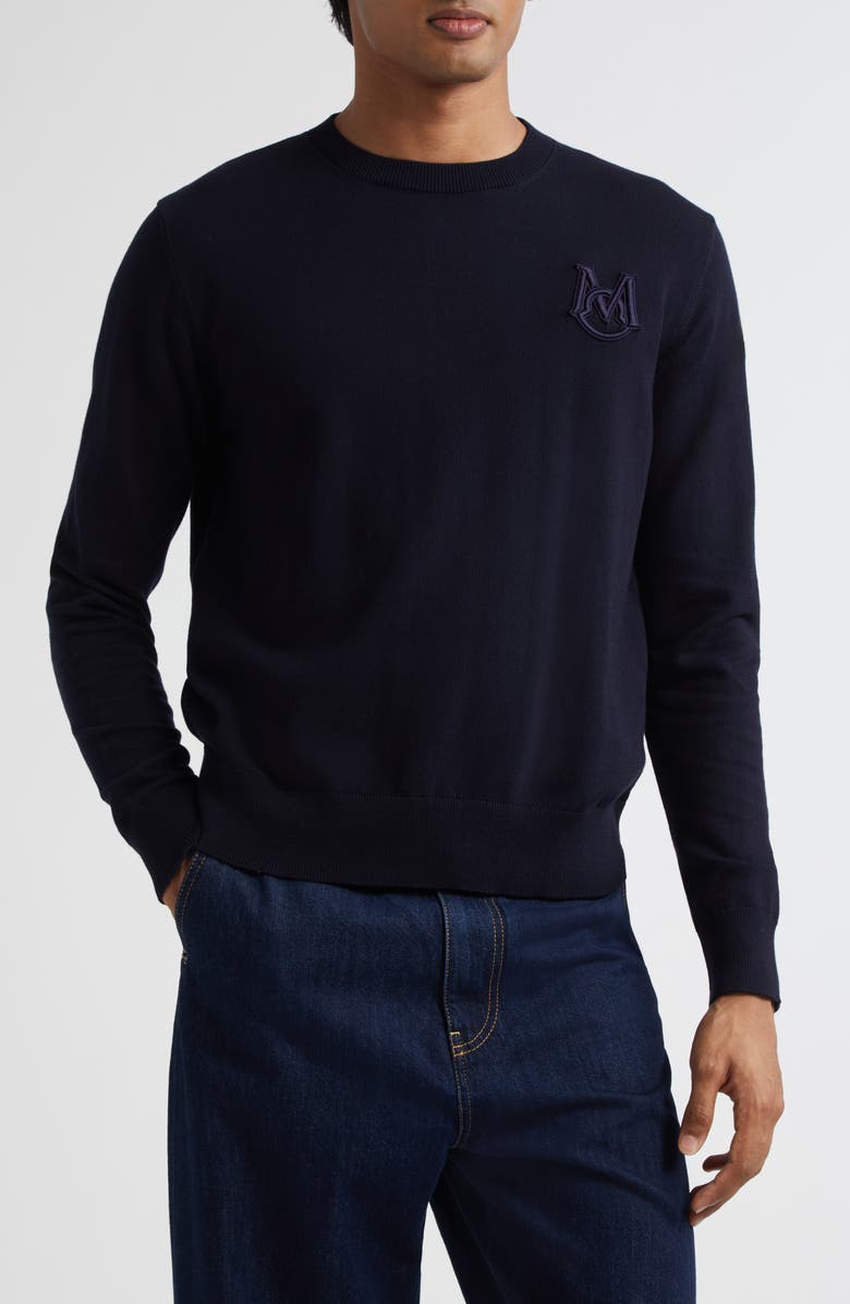 Moncler Monogram Cotton Crewneck Sweater, Main, color, Navy