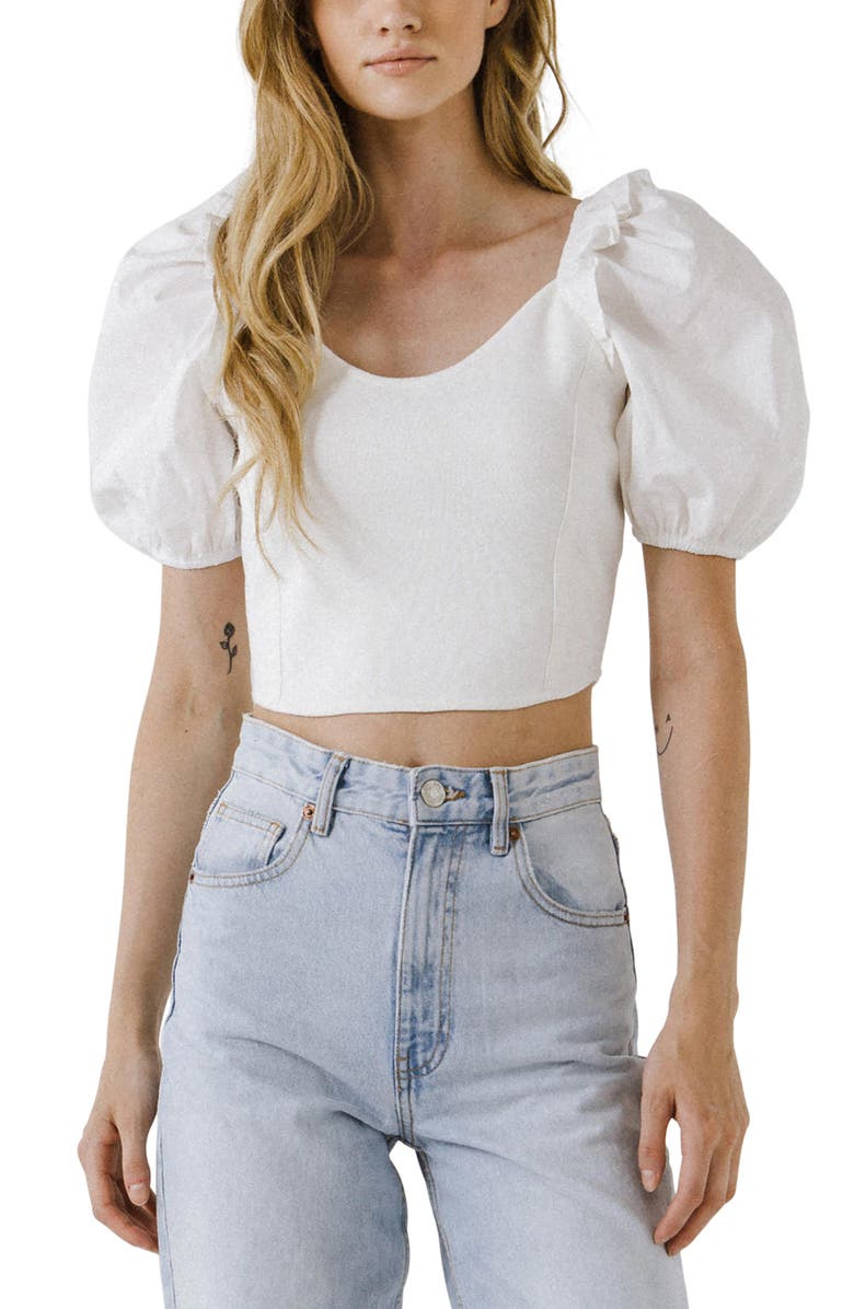 English Factory Mixed Media Crop Puff Sleeve Top, Main, color, Off White