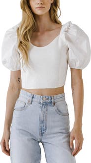 English Factory Mixed Media Crop Puff Sleeve Top