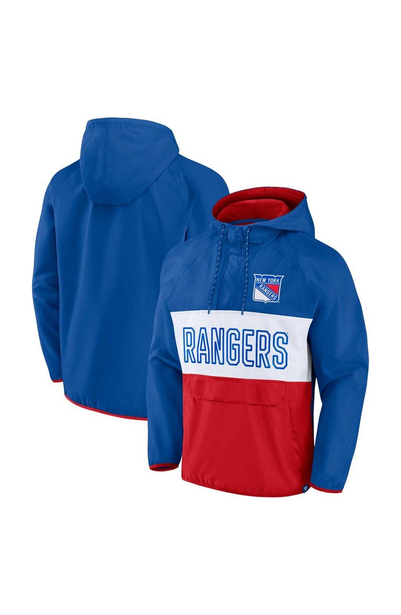 FANATICS Men's Fanatics Branded Blue/Red New York Rangers Backhand Shooter Defender Anorak Raglan Hoodie Quarter-Zip Jacket, Main, color, 