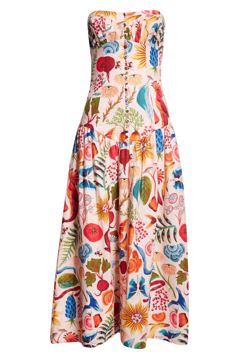 Bright Farm Print Strapless Linen Blend Maxi Dress, Alternate, color, BRIGHT FARM BEIGE
