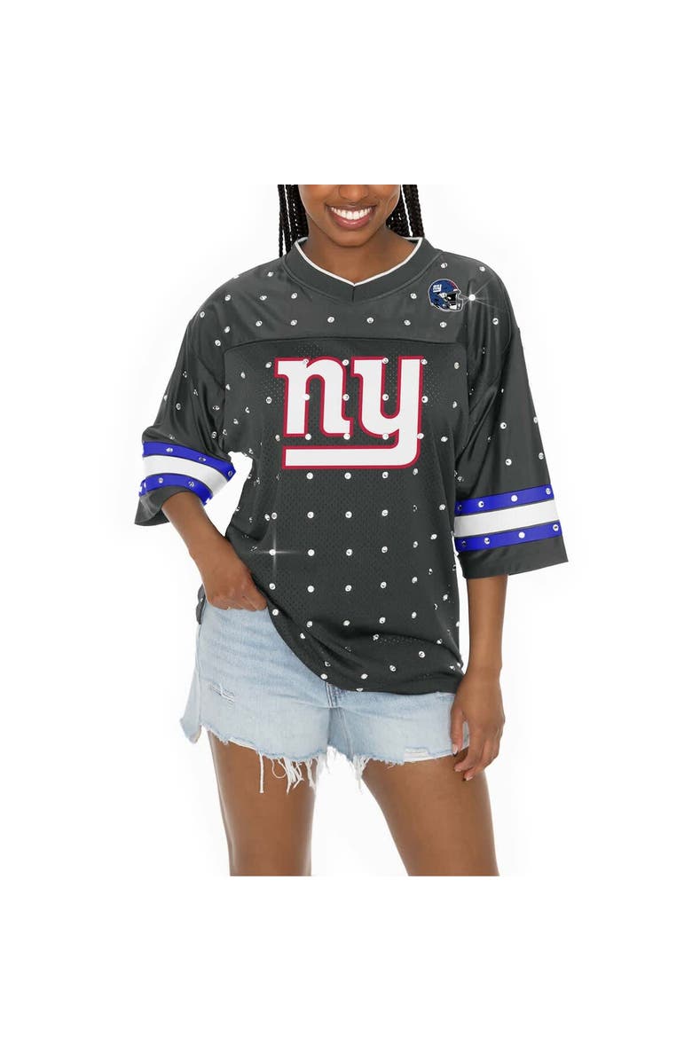GAMEDAY COUTURE Women's Gameday Couture Anthracite New York Giants Kickoff Time Allover Rhinestone Sports Stripe Jersey V-Neck T-Shirt, Alternate, color, Anthracite