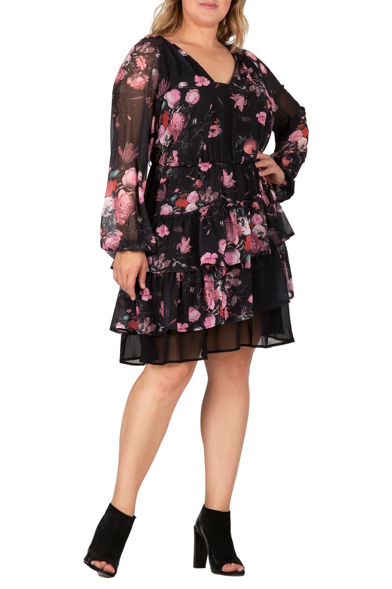 Floral Print Belted Long Sleeve Chiffon Dress, Alternate, color, BLACK FLORAL
