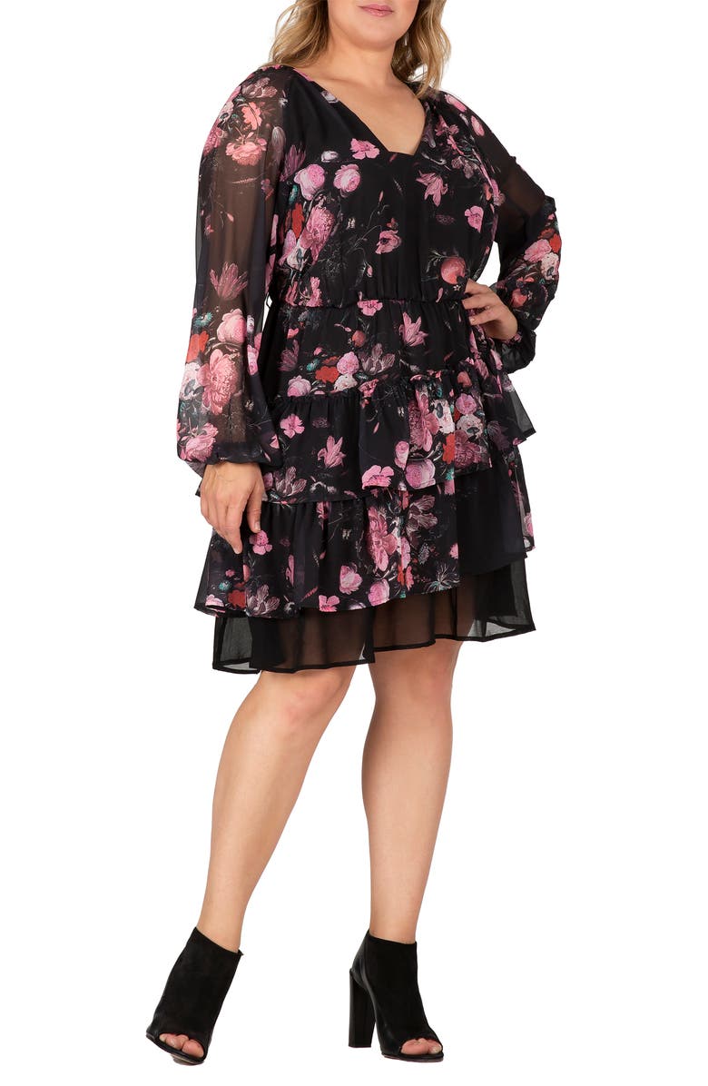 Standards & Practices Floral Print Belted Long Sleeve Chiffon Dress, Alternate, color, Black Floral