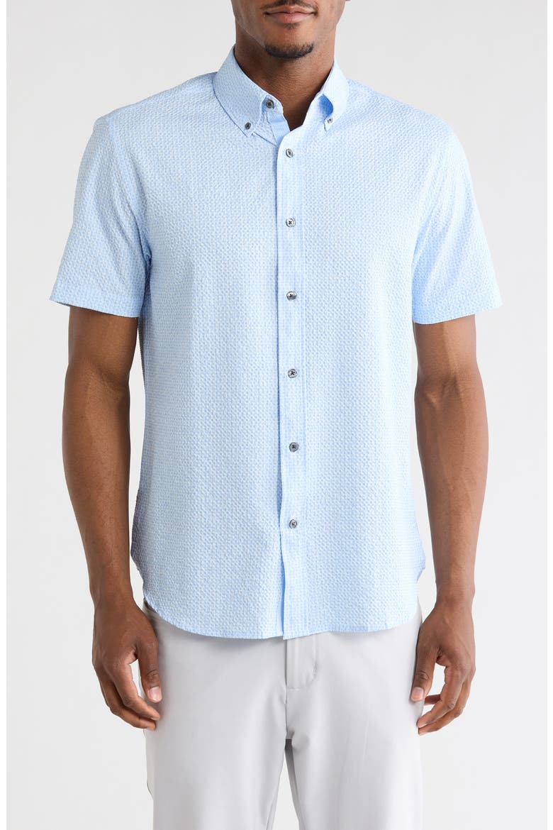 Dot Short Sleeve Seersucker Button-Down Shirt, Main, color, LIGHT BLUE