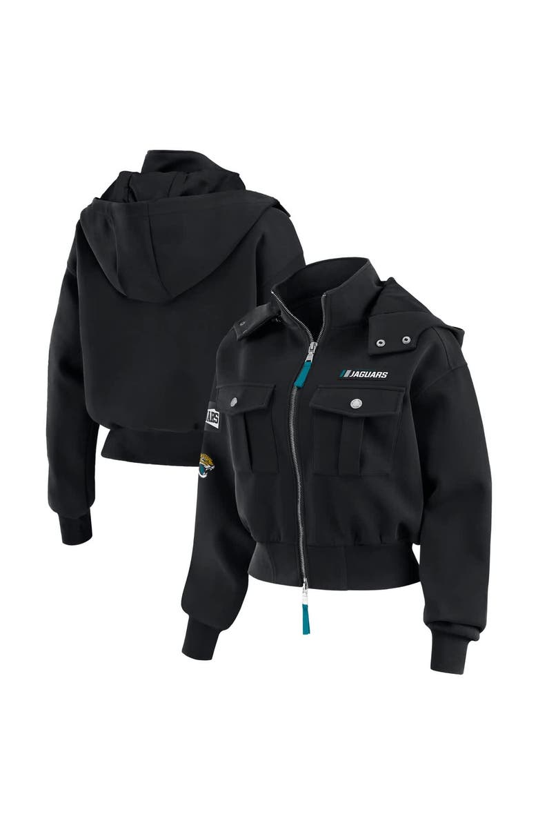 WEAR by Erin Andrews Women's WEAR by Erin Andrews Black Jacksonville Jaguars Patch Pocket Cropped Full-Zip Bomber Jacket, Main, color, Black