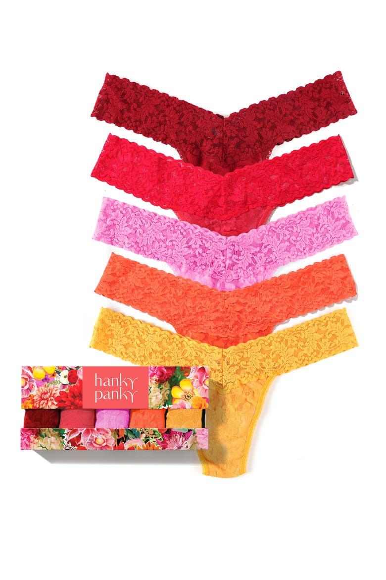 Assorted 5-Pack Lace Low Rise Thongs, Alternate, color, BODREAUX/CORAL/ROSE/ORANGE