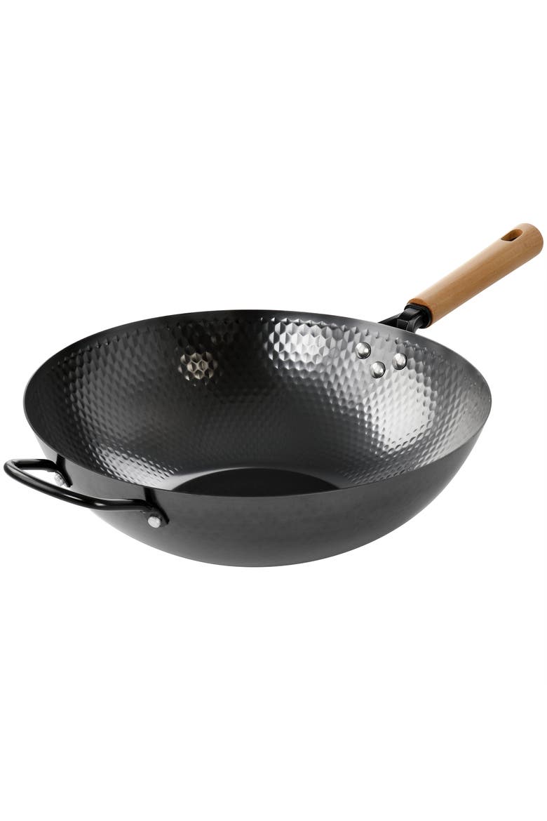 13.5in Nonstick Carbon Steel Wok with Wooden Handle, Main, color, Black