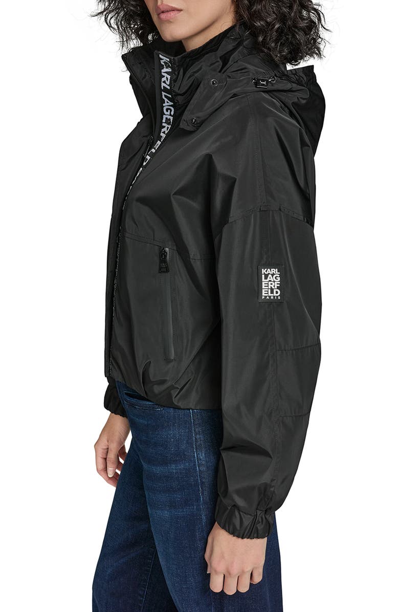 KARL LAGERFELD Short Hooded Logo Rain Jacket, Alternate, color, Black