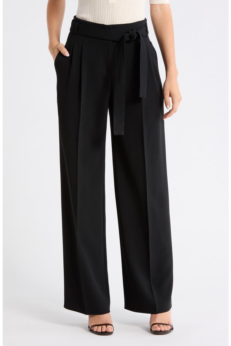 Tapiana Pleated Tie Waist Straight Leg Pants, Main, color, BLACK