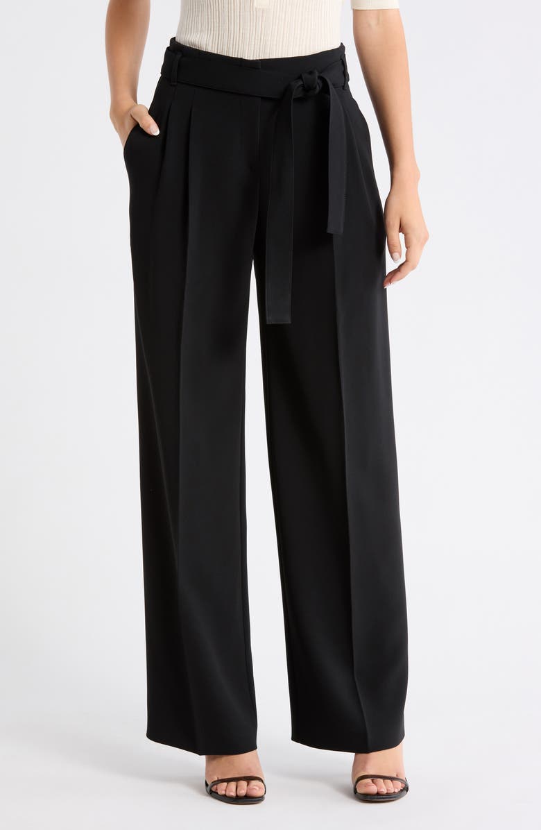 BOSS Tapiana Pleated Tie Waist Straight Leg Pants, Main, color, Black