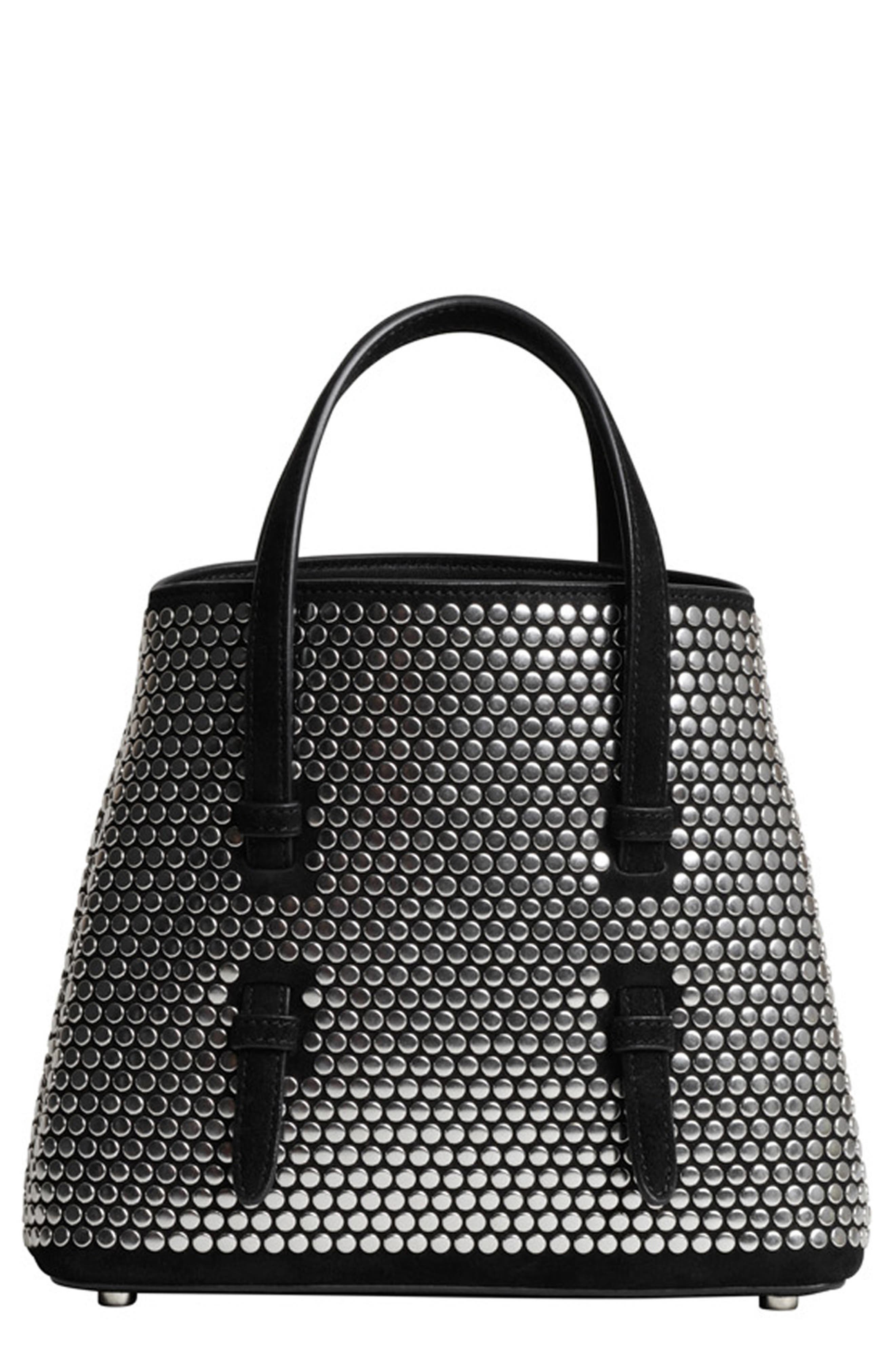 Mina 20 Studded Suede Tote, Main, color, NOIR