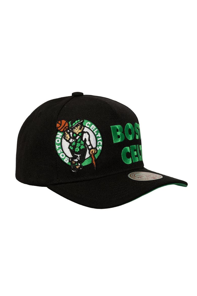 Men's Mitchell & Ness  Black Boston Celtics Busted Logo Wordmark Wrap-Around Pro Pinch Adjustable Hat, Alternate, color, Black