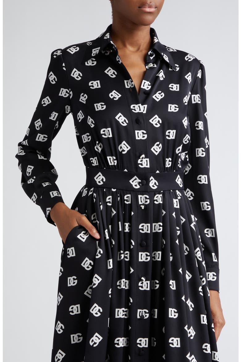 Pleated Monogram Logo Long Sleeve Stretch Silk Charmeuse Midi Dress, Alternate, color, BLACK