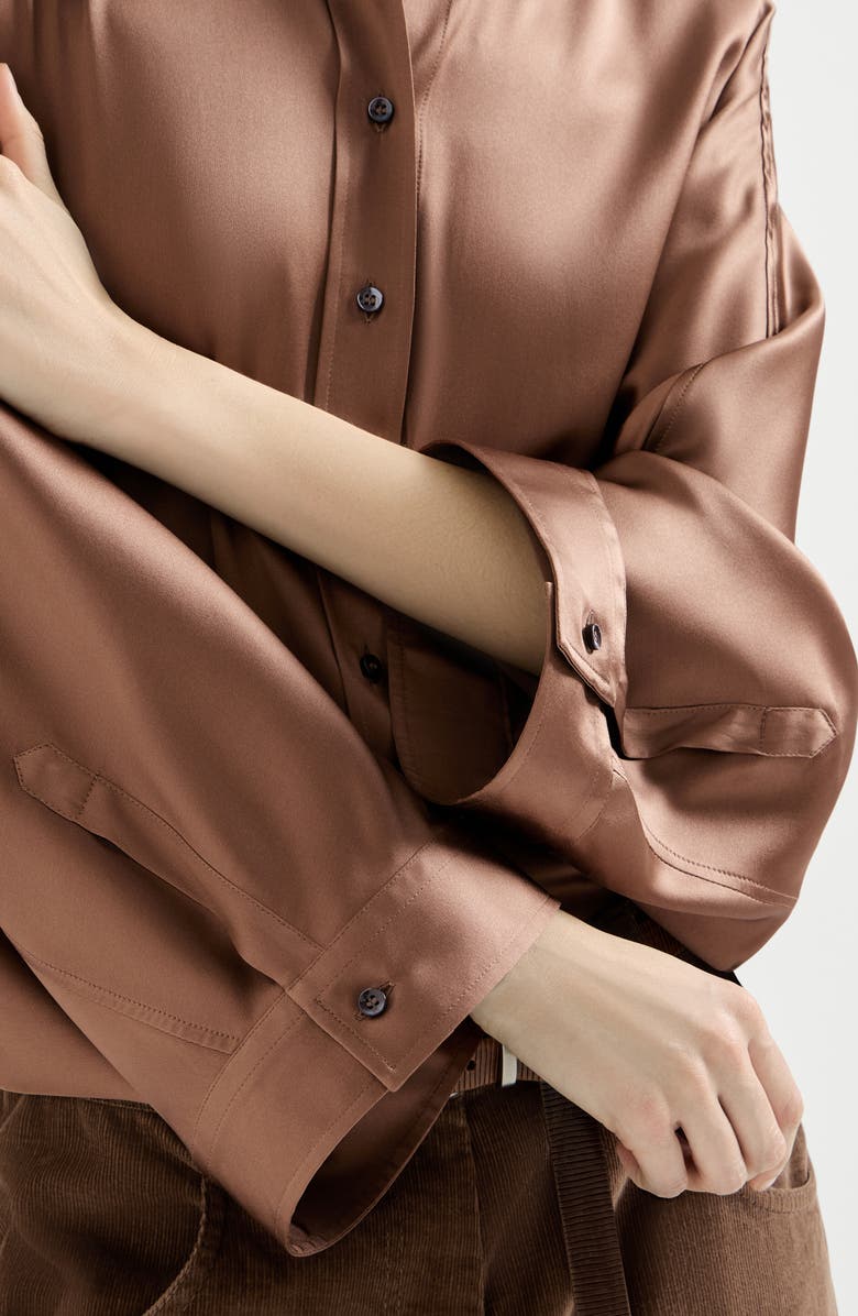 Brunello Cucinelli Stretch silk satin shirt with monili, Alternate, color, Brown