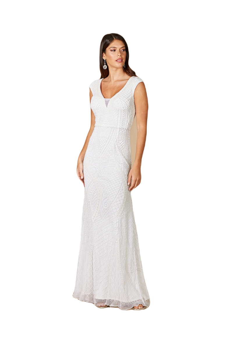 Gwen Beaded Short Sleeve Wedding Dress, Main, color, Ivory