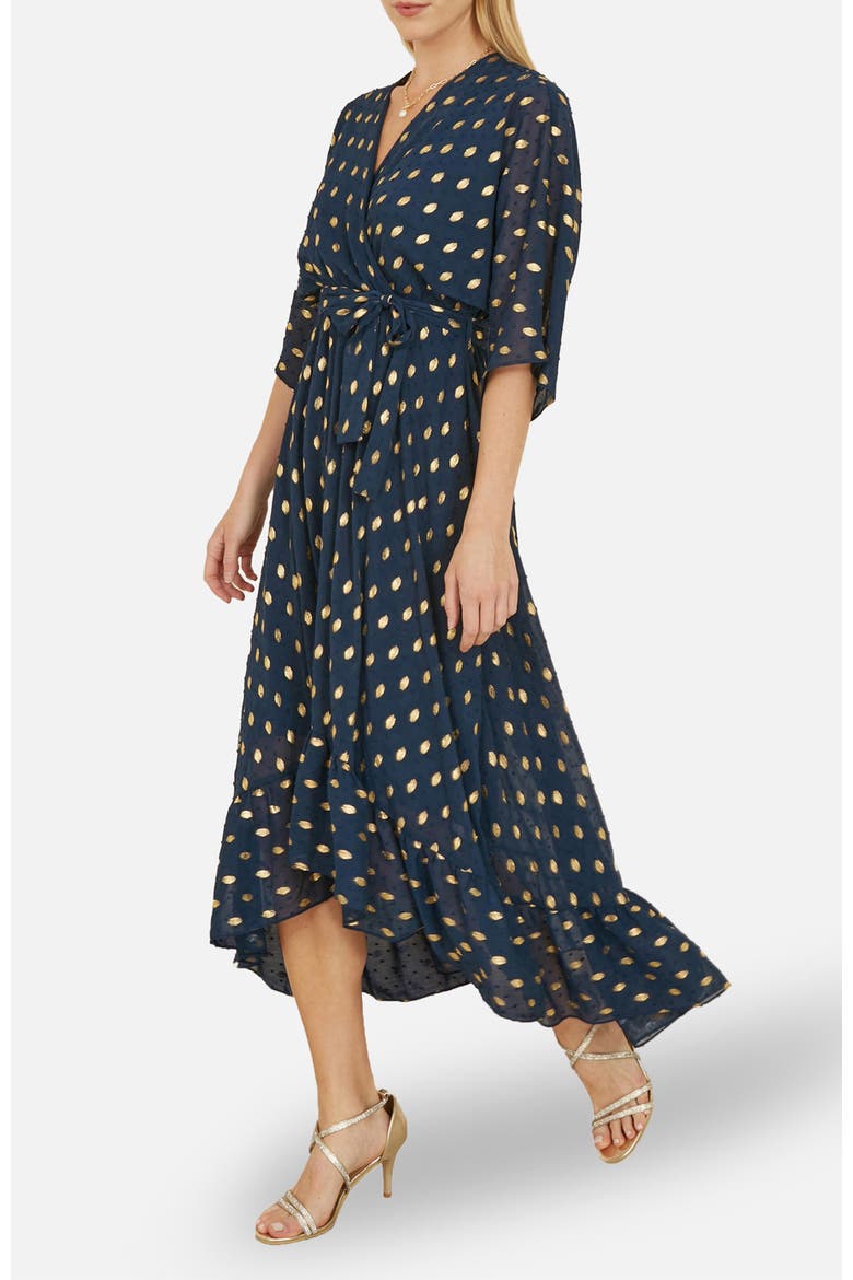 Foil Print Wrap Over Dress, Alternate, color, Navy