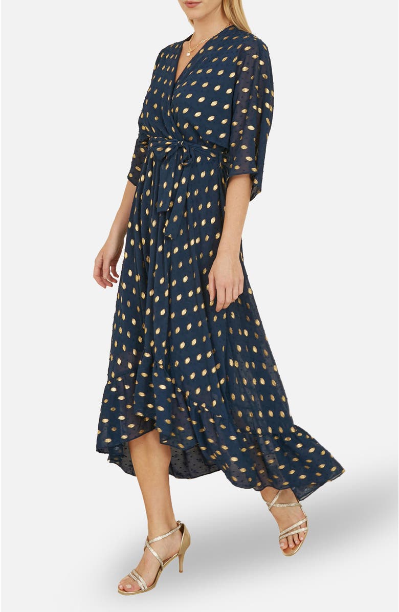 Yumi Foil Print Wrap Over Dress, Alternate, color, Navy
